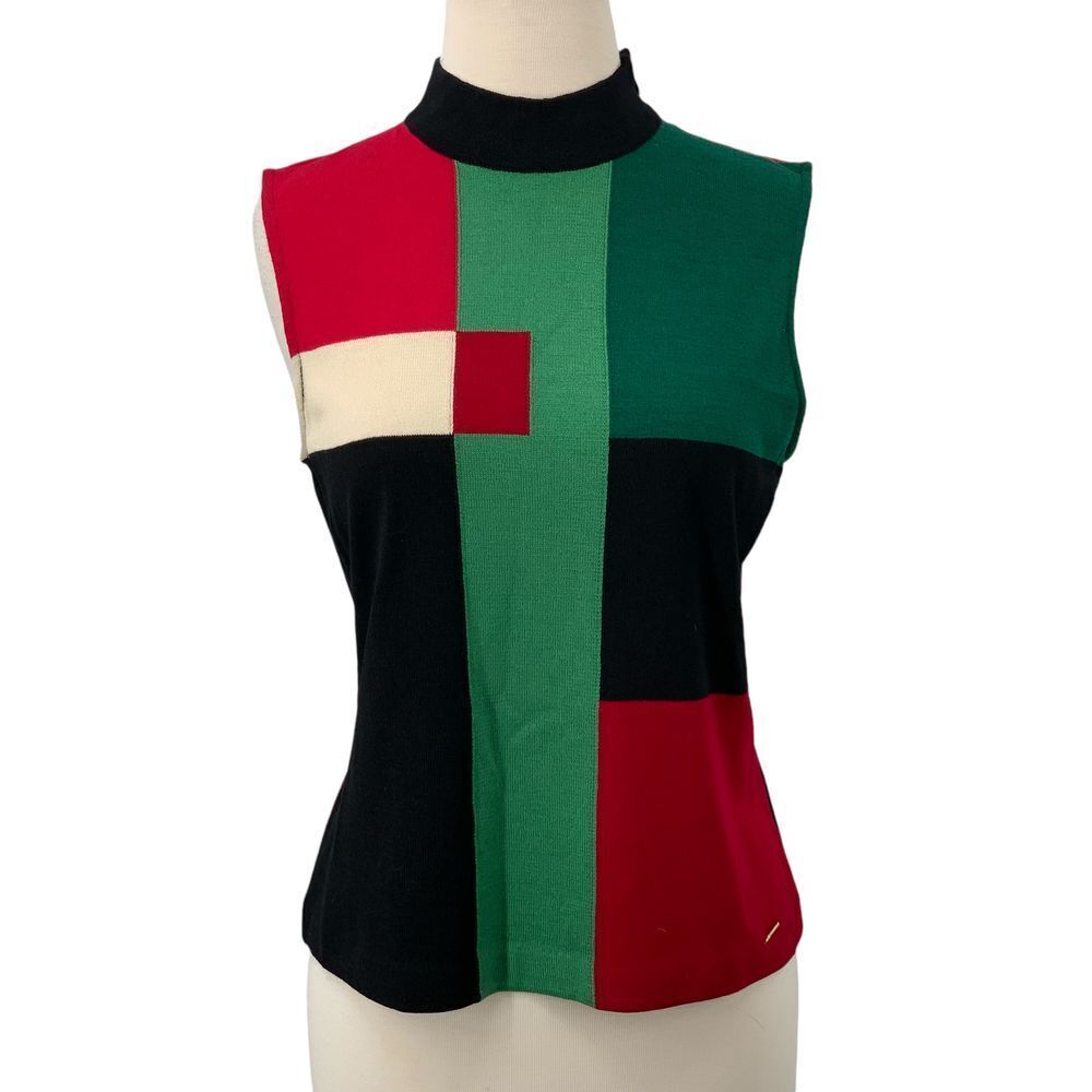 St. John‎ Sport Colorblock Sleeveless Mock Neck Tank Top Red Green Black Size S